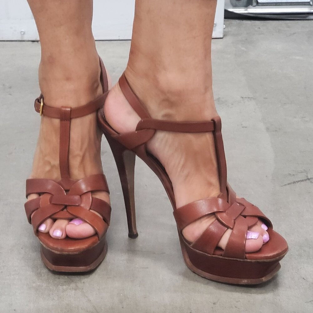 Yves Saint Laurent Tribute Leather 105mm Platform Sandals, Brown, 41.5EU